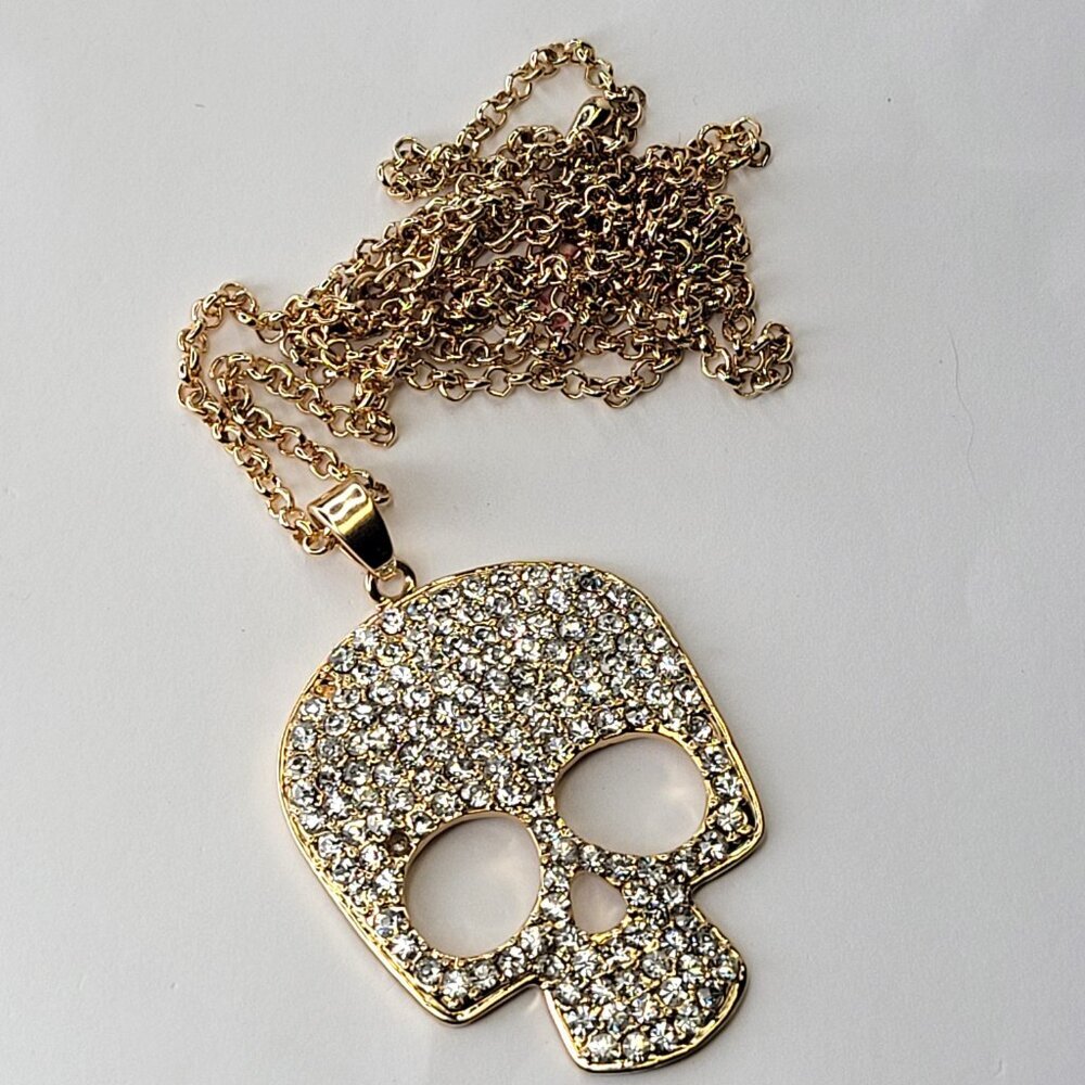 Large Crystallized Golden Skull Pendant Necklace